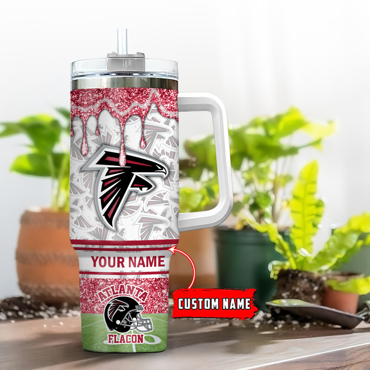 Atlanta Falcons NFL Glitter Stanley Tumbler With Handle Personalized Name St6667