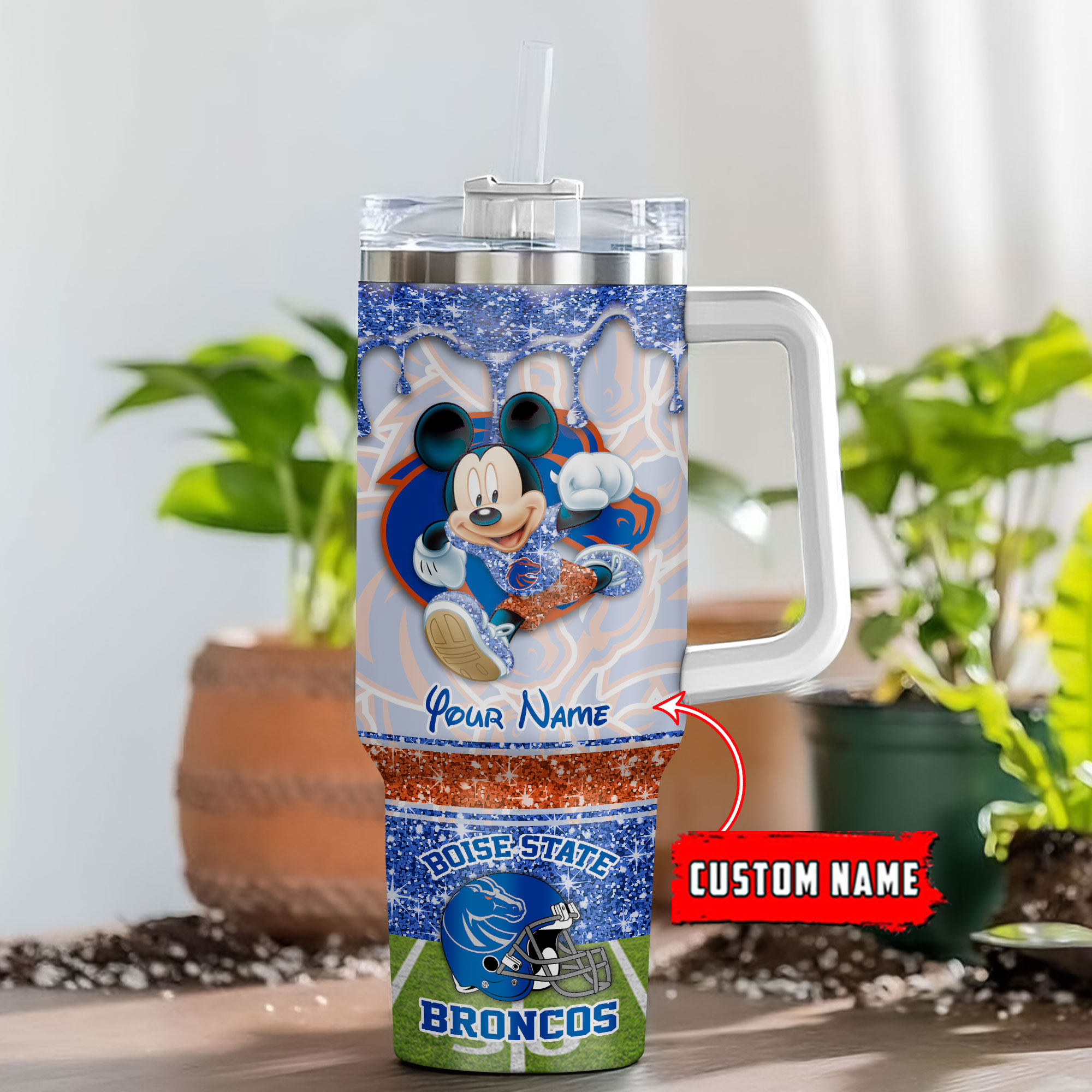 Boise State Broncos NCAA Mickey Mouse Glitter Stanley Tumbler With Handle Personalized Name St4664