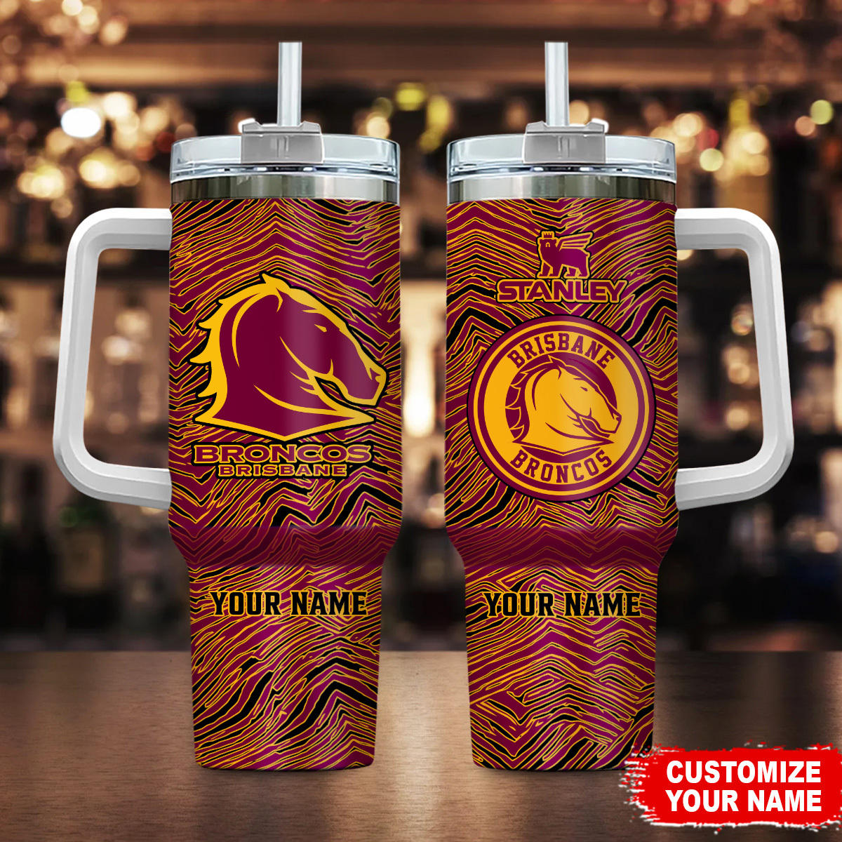 Brisbane Broncos NRL Zubaz Print Stanley Tumbler With Handle Personalized Name St3785
