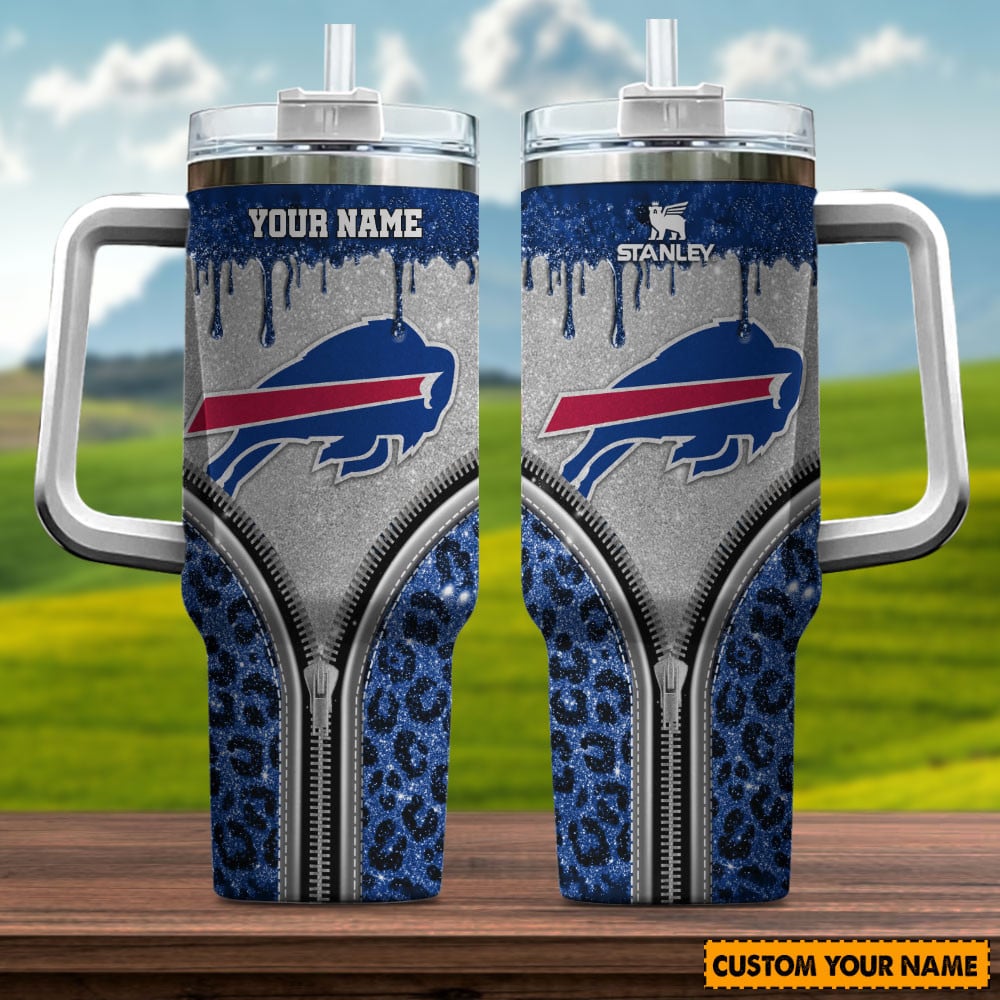 Buffalo Bills NFL Glitter Leopard Print Stanley Tumbler With Handle Personalized Name St3316