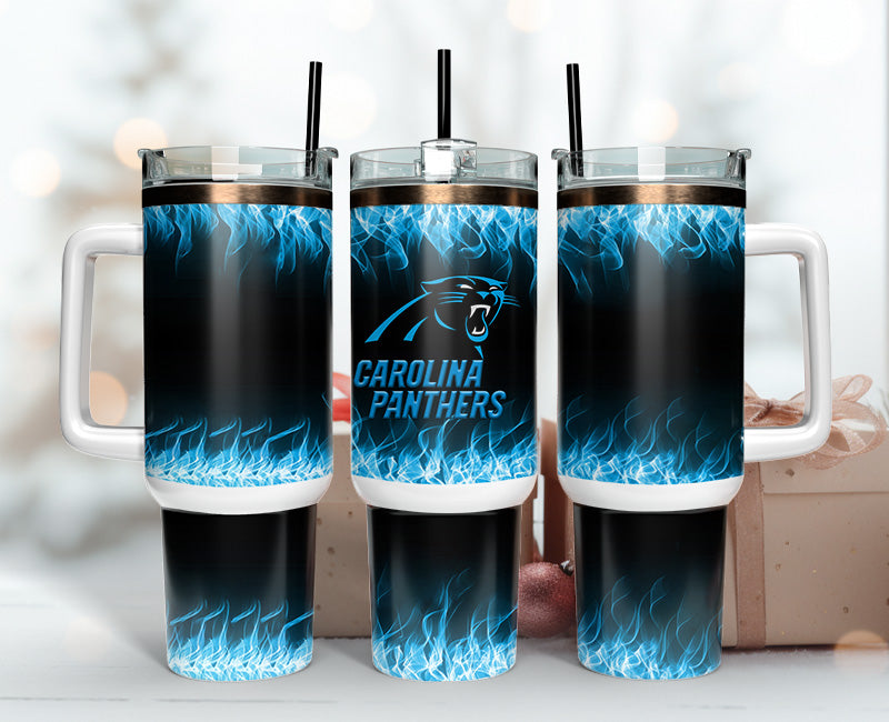 Carolina Panthers NFL Fire Effect Stanley Tumbler With Handle Personalized Name St7083