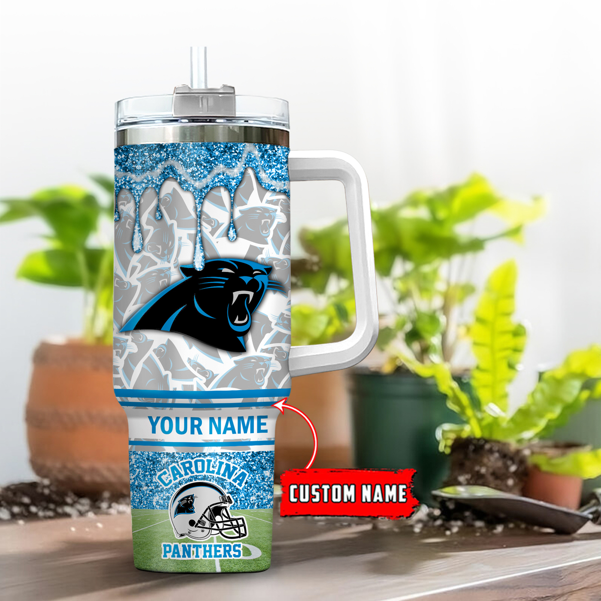 Carolina Panthers NFL Glitter Stanley Tumbler With Handle Personalized Name St5000