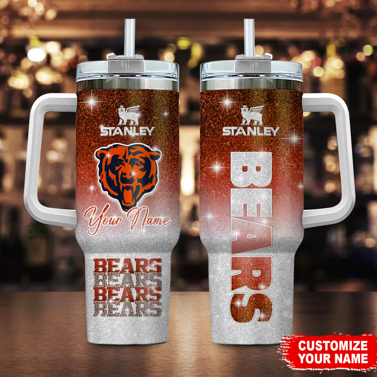 Chicago Bears NFL Glitter Stanley Tumbler With Handle Personalized Name St2985