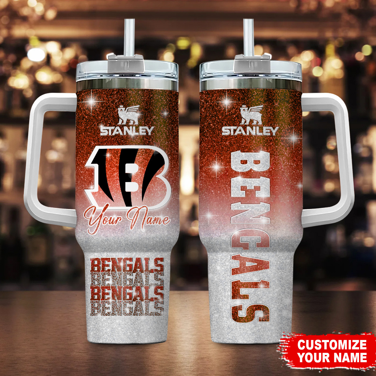 Cincinnati Bengals NFL Glitter Stanley Tumbler With Handle Personalized Name St1383