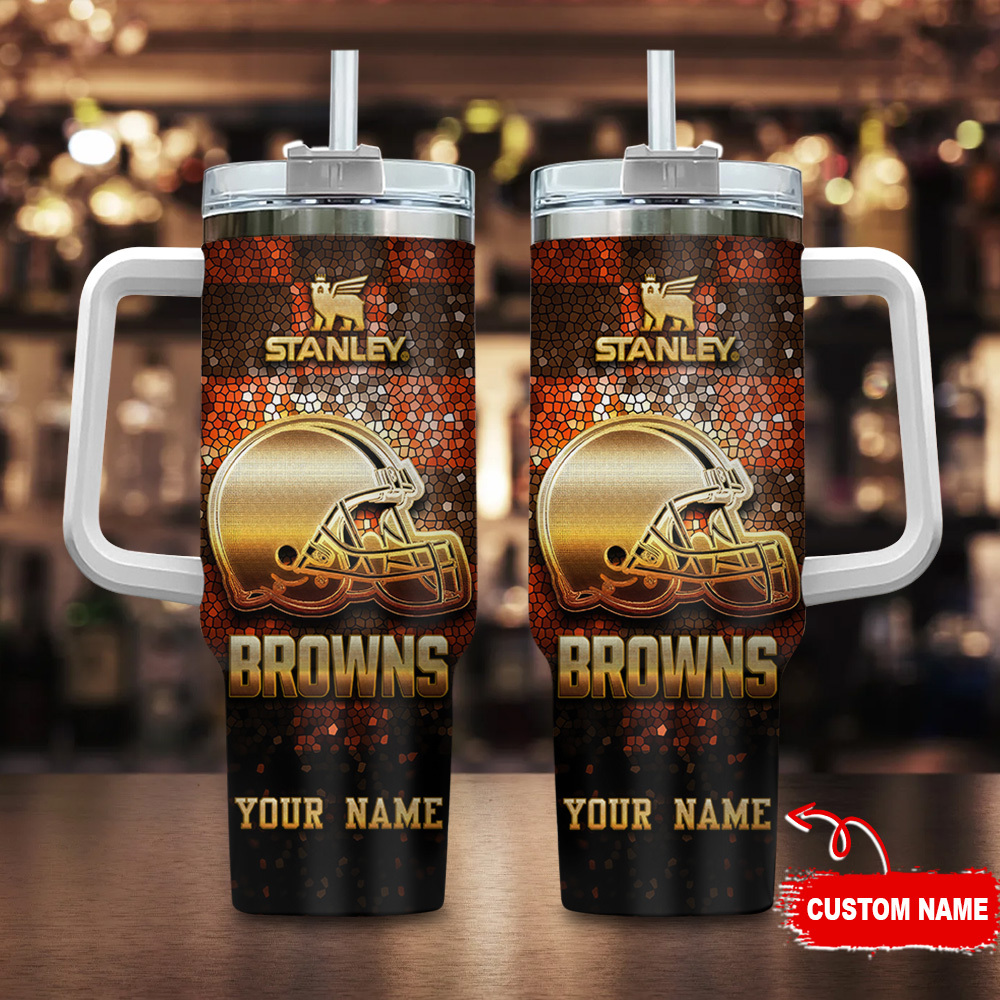 Cleveland Browns NFL Glitter Golden Logo Stanley Tumbler With Handle Personalized Name St5320