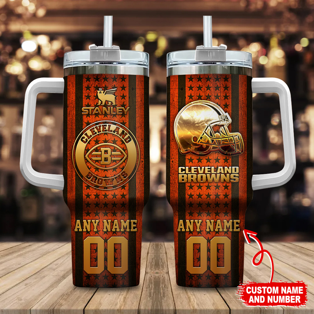 Cleveland Browns NFL Golden Logos US Flag Stanley Tumbler With Handle Personalized Name St3076