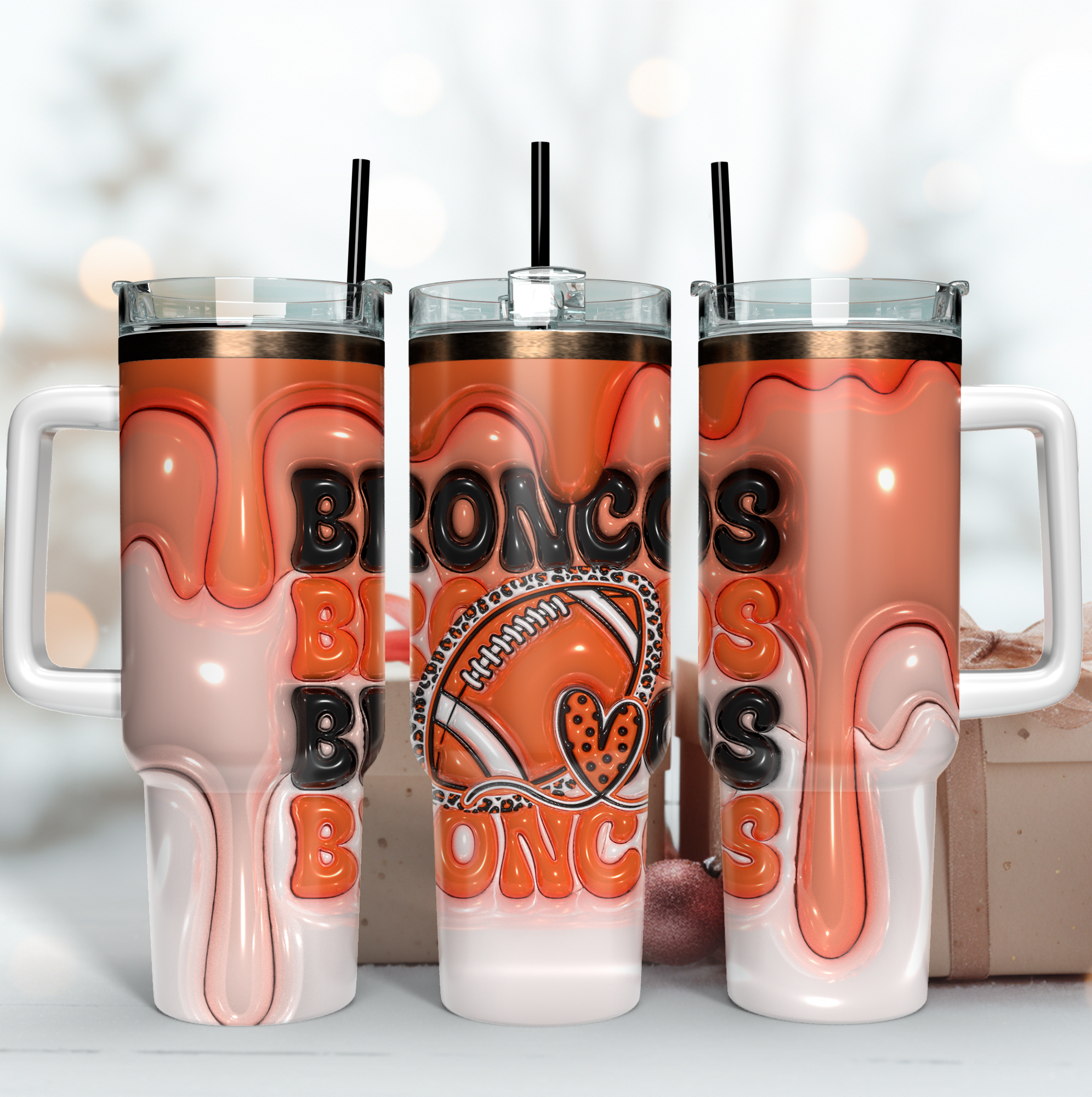 Denver Broncos NFL 3D Inflated Puff Effect Stanley Tumbler With Handle Personalized Name St4080