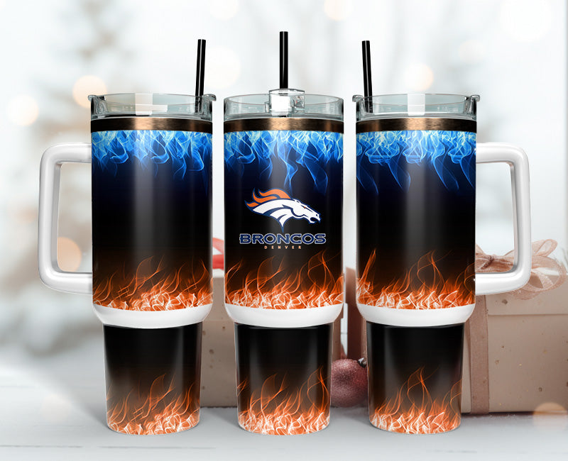 Denver Broncos NFL Fire Effect Stanley Tumbler With Handle Personalized Name St4524
