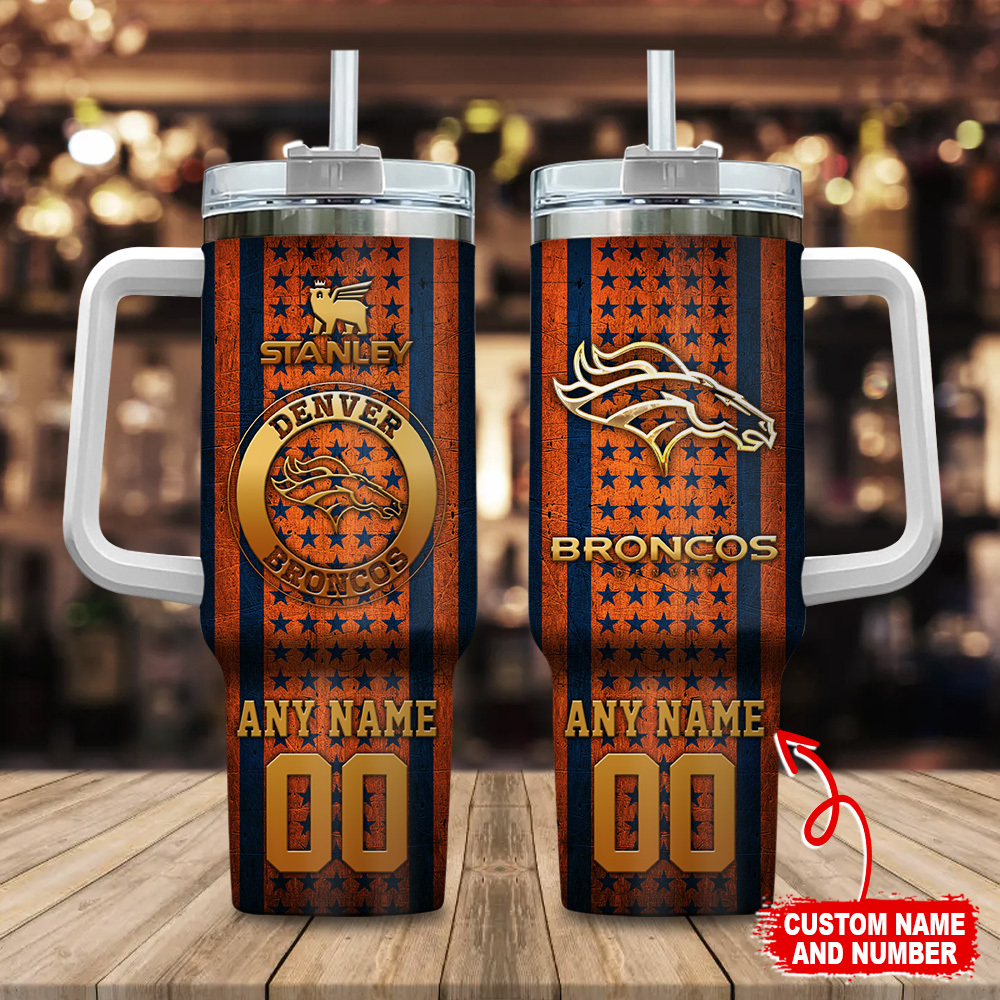 Denver Broncos NFL Golden Logos US Flag Stanley Tumbler With Handle Personalized Name St8895