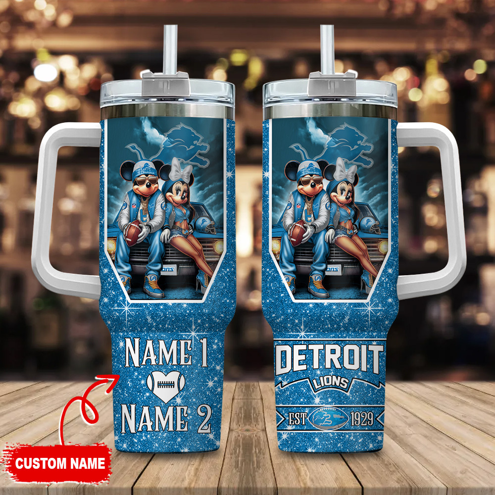 Detroit Lions NFL Mickey And Minnie Couple Stanley Tumbler With Handle Personalized Name St7560