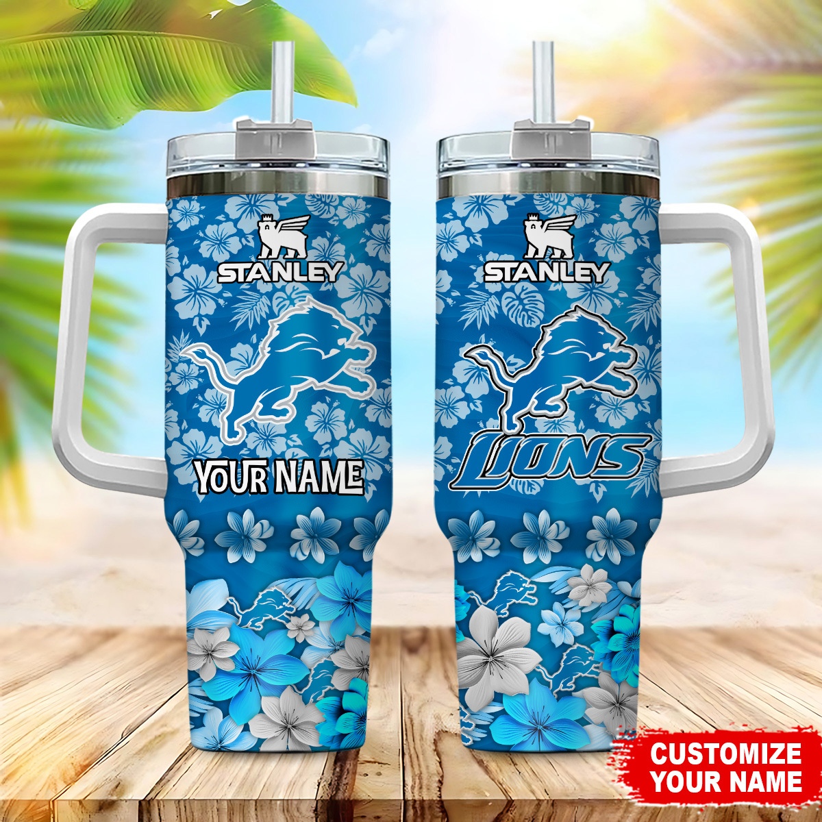 Detroit Lions NFL Tropical Floral Stanley Tumbler With Handle Personalized Name St6213