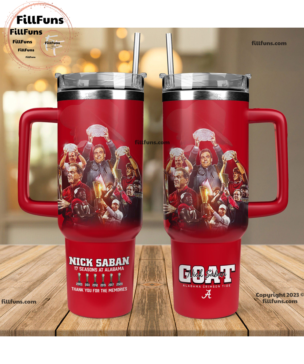 GOAT Nick Saban 17 Seasons At Alabama Tribute NCAA Stanley Tumbler With Handle Personalized Name St6162