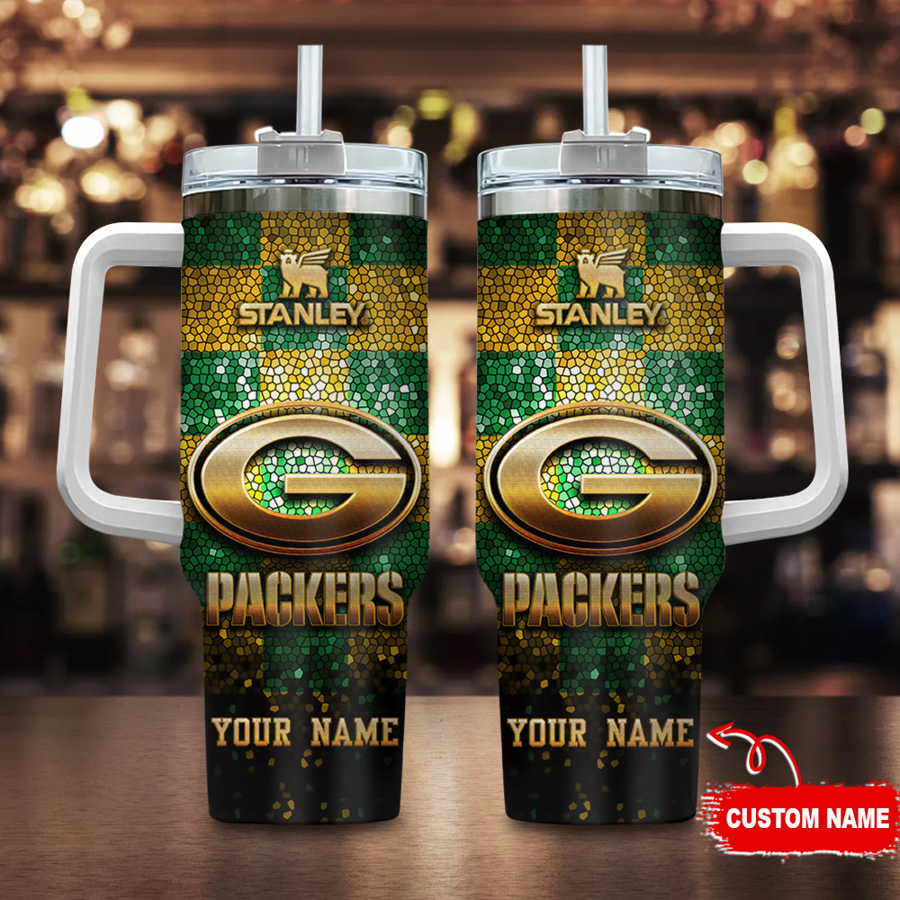 Green Bay Packers NFL Glitter Golden Logo Stanley Tumbler With Handle Personalized Name St8556
