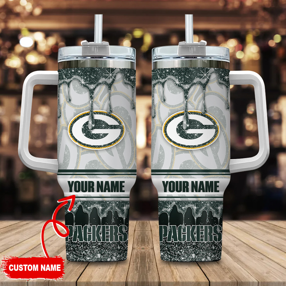 Green Bay Packers NFL Glitter Stanley Tumbler With Handle Personalized Name St9722