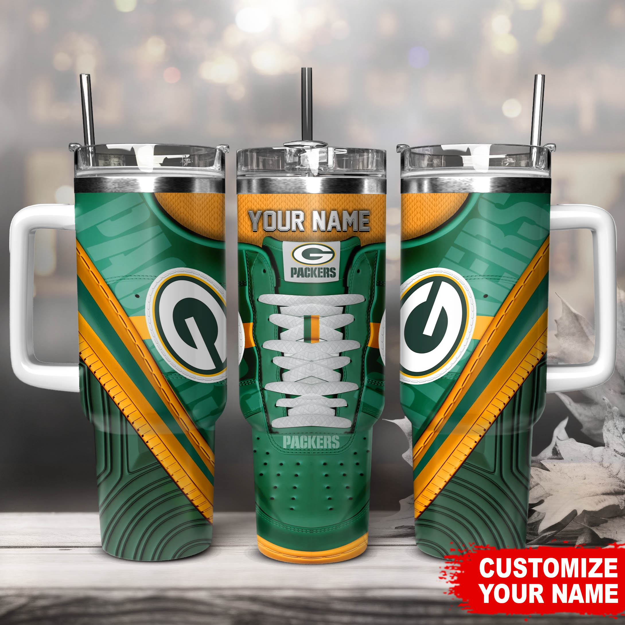 Green Bay Packers NFL Sneaker Stanley Tumbler With Handle Personalized Name St8597