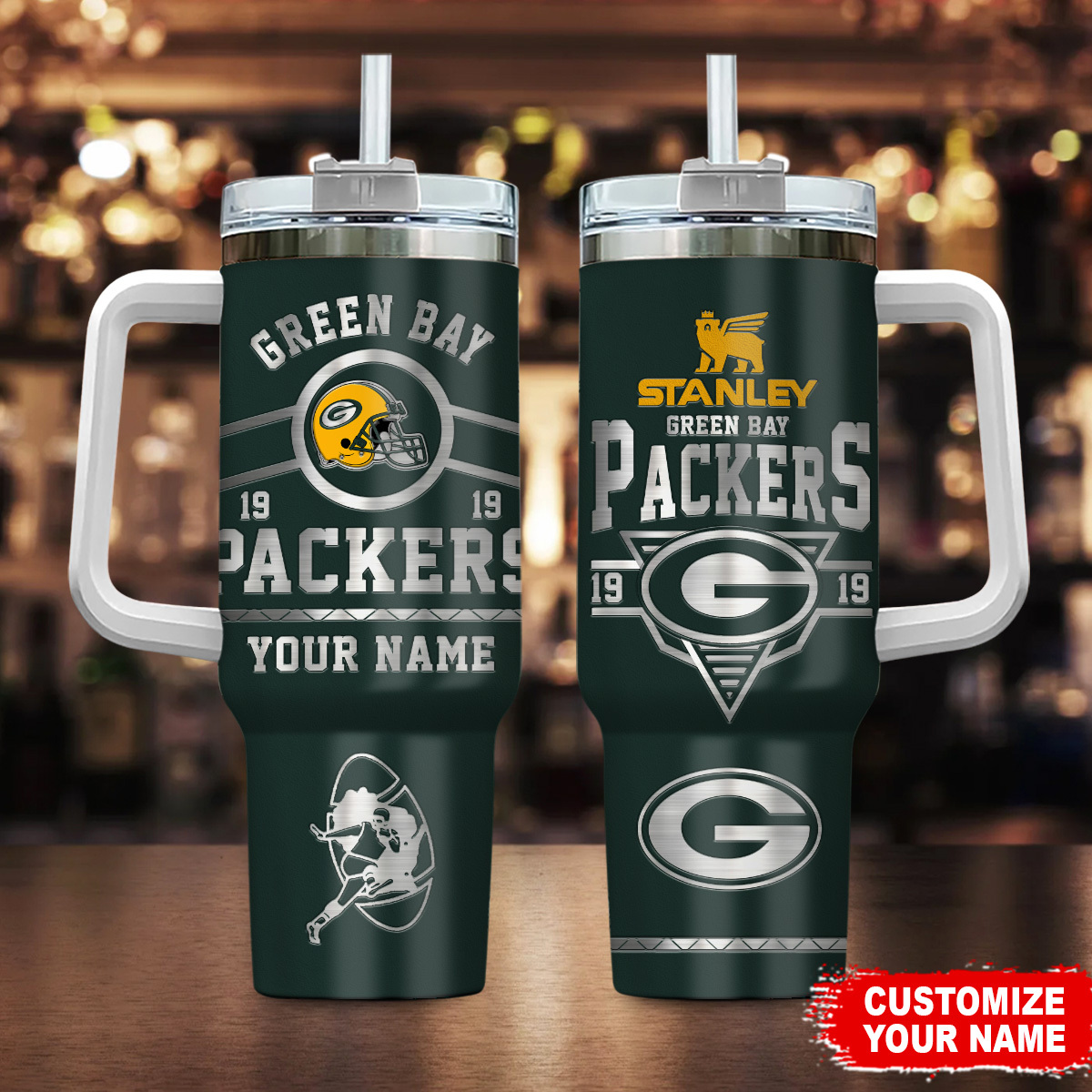 Green Bay Packers NFL Stanley Tumbler With Handle Personalized Name St5503