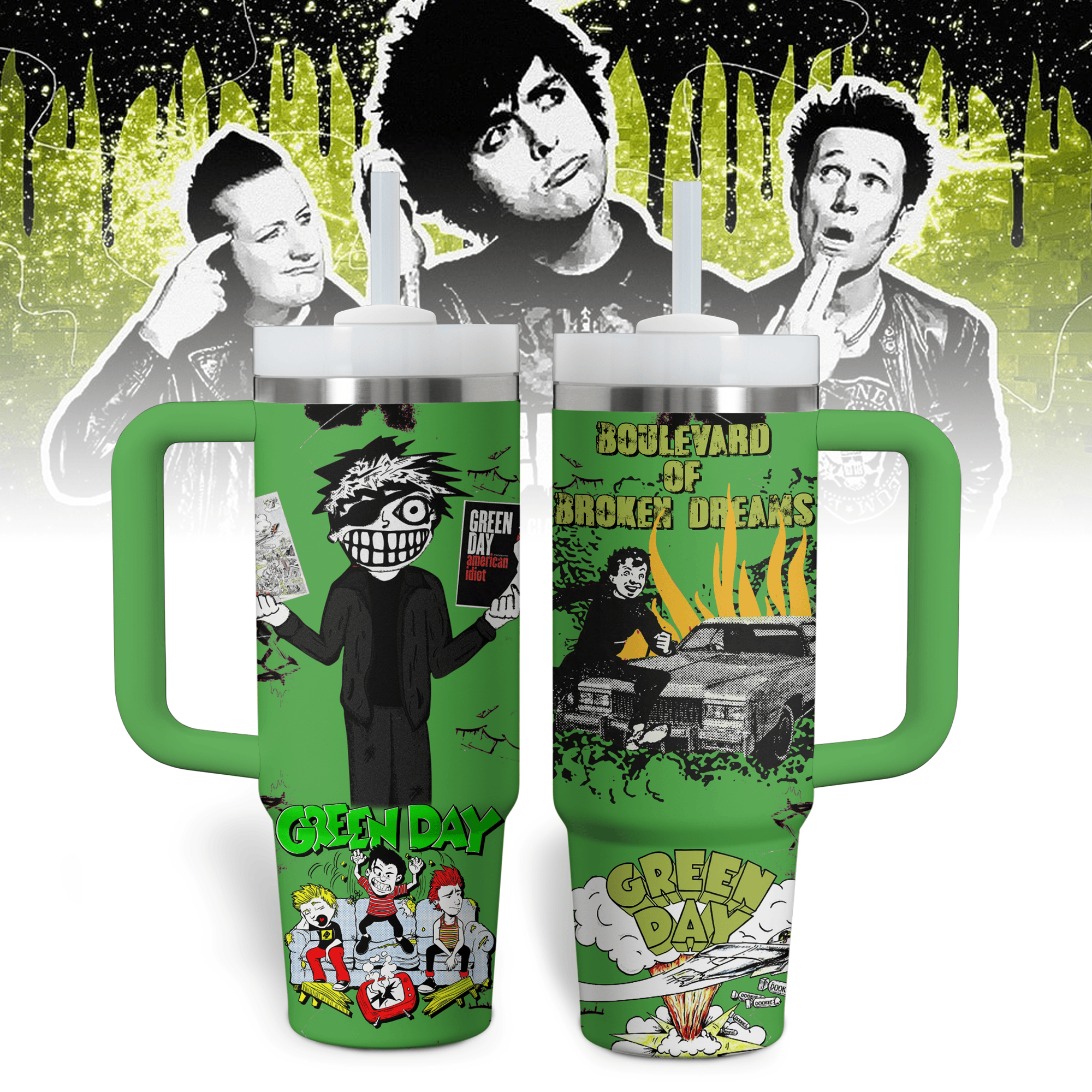 Green Day Music Stanley Tumbler With Handle Personalized Name St7338