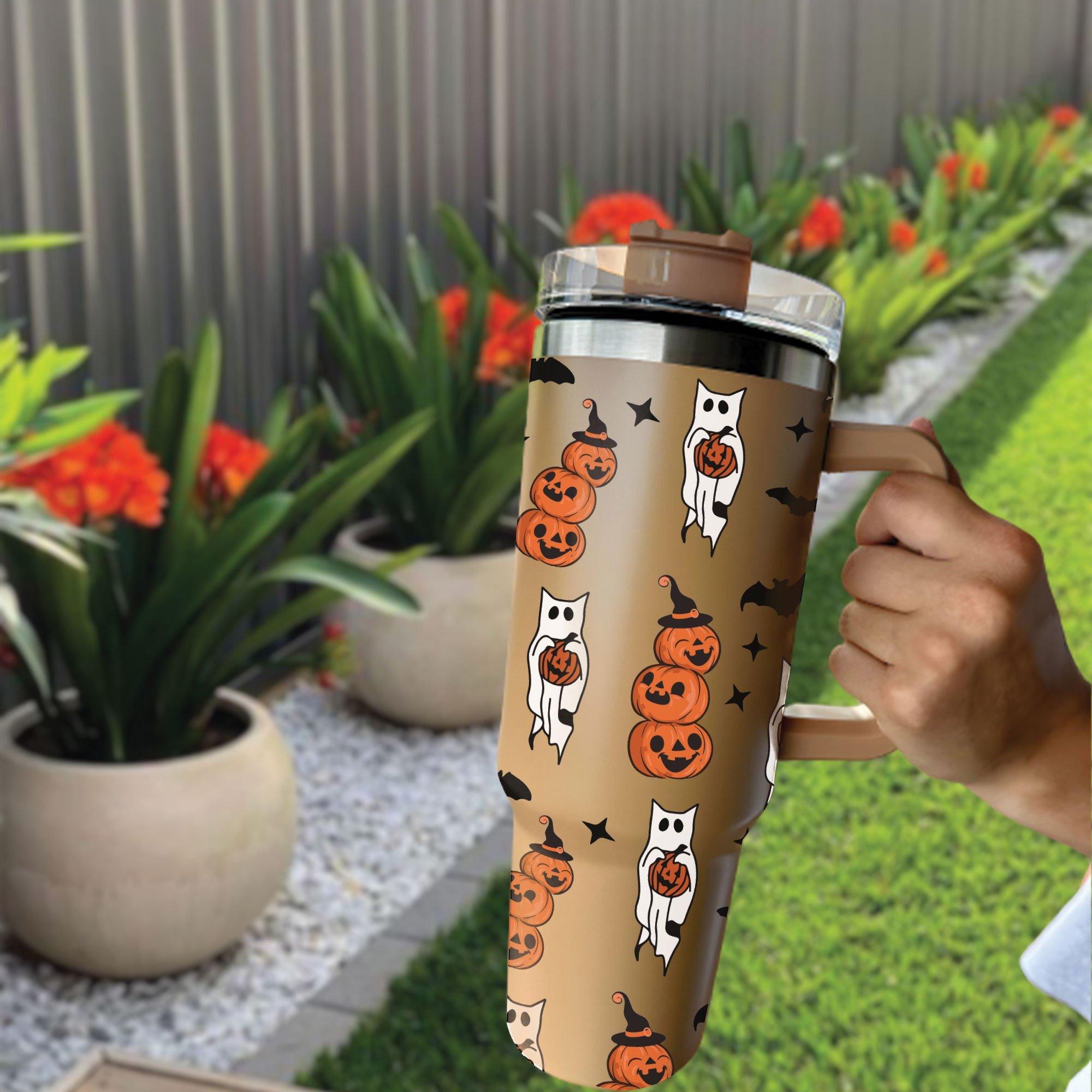 Halloween Cat With Pumpkin Stanley Tumbler With Handle Personalized Name St5281