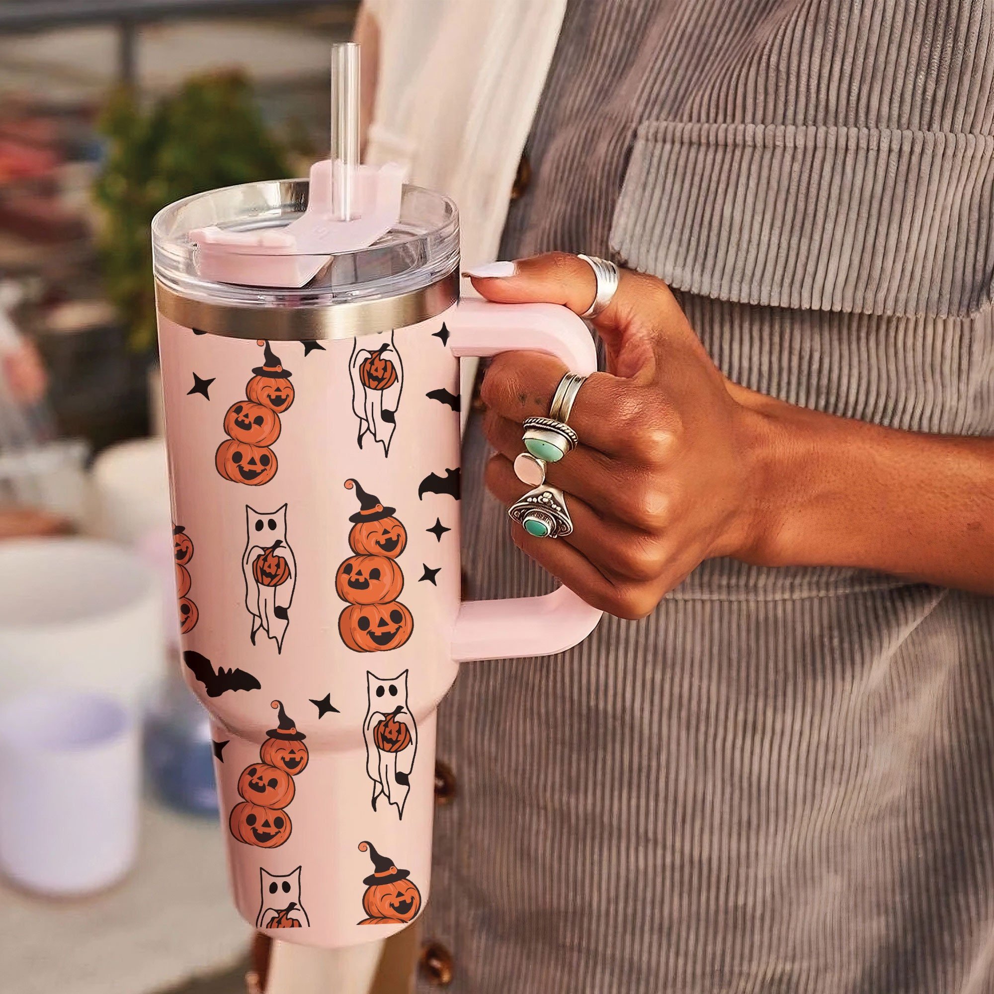 Halloween Cat With Pumpkin Stanley Tumbler With Handle Personalized Name St8153