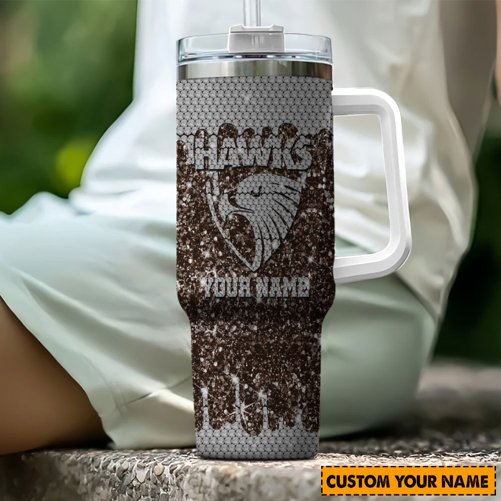 Hawthorn Hawks AFL Glitter Stanley Tumbler With Handle Personalized Name St4319