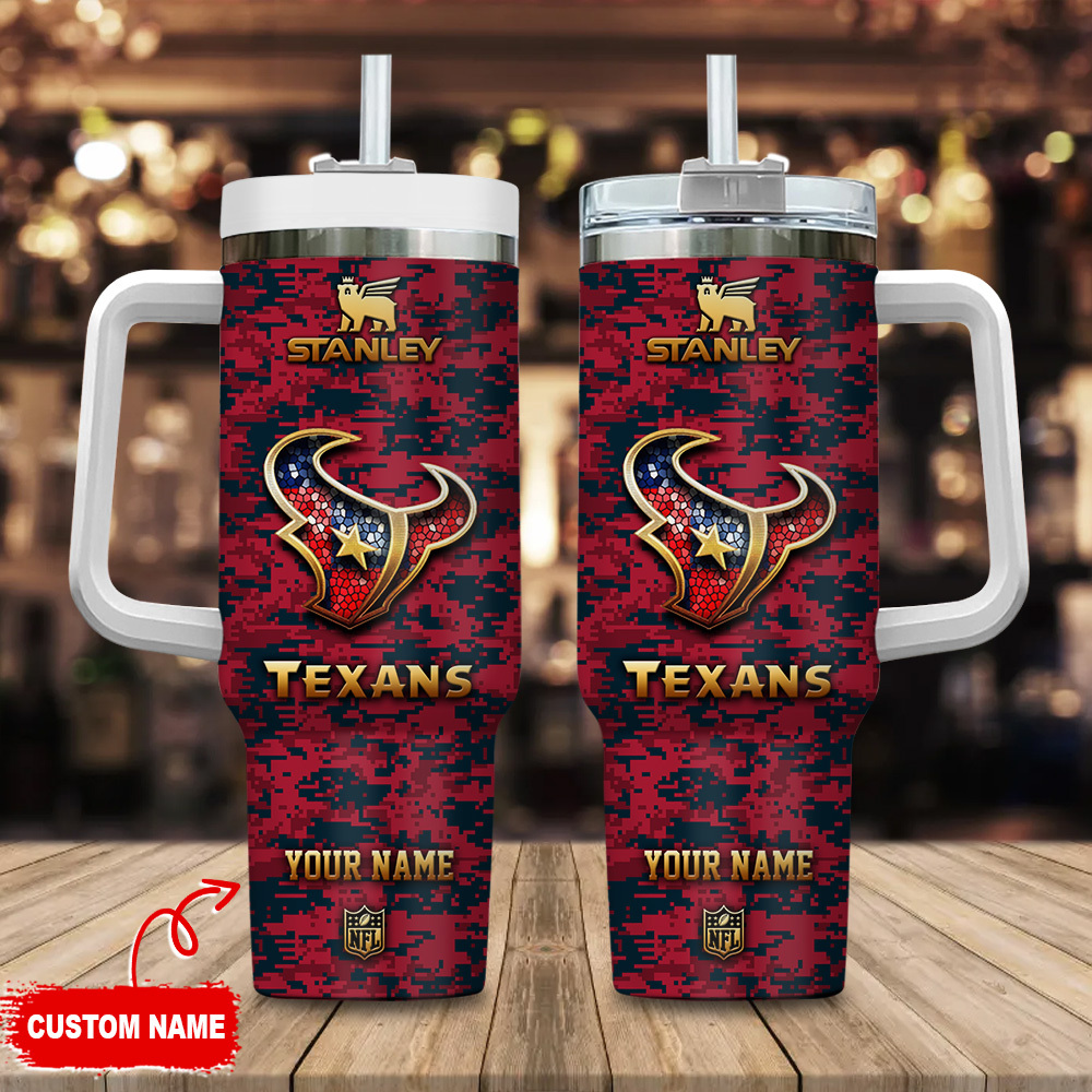 Houston Texans NFL Camouflage Golden Logo Stanley Tumbler With Handle Personalized Name St4493