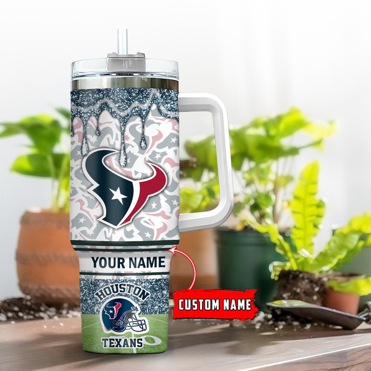 Houston Texans NFL Glitter Stanley Tumbler With Handle Personalized Name St1543