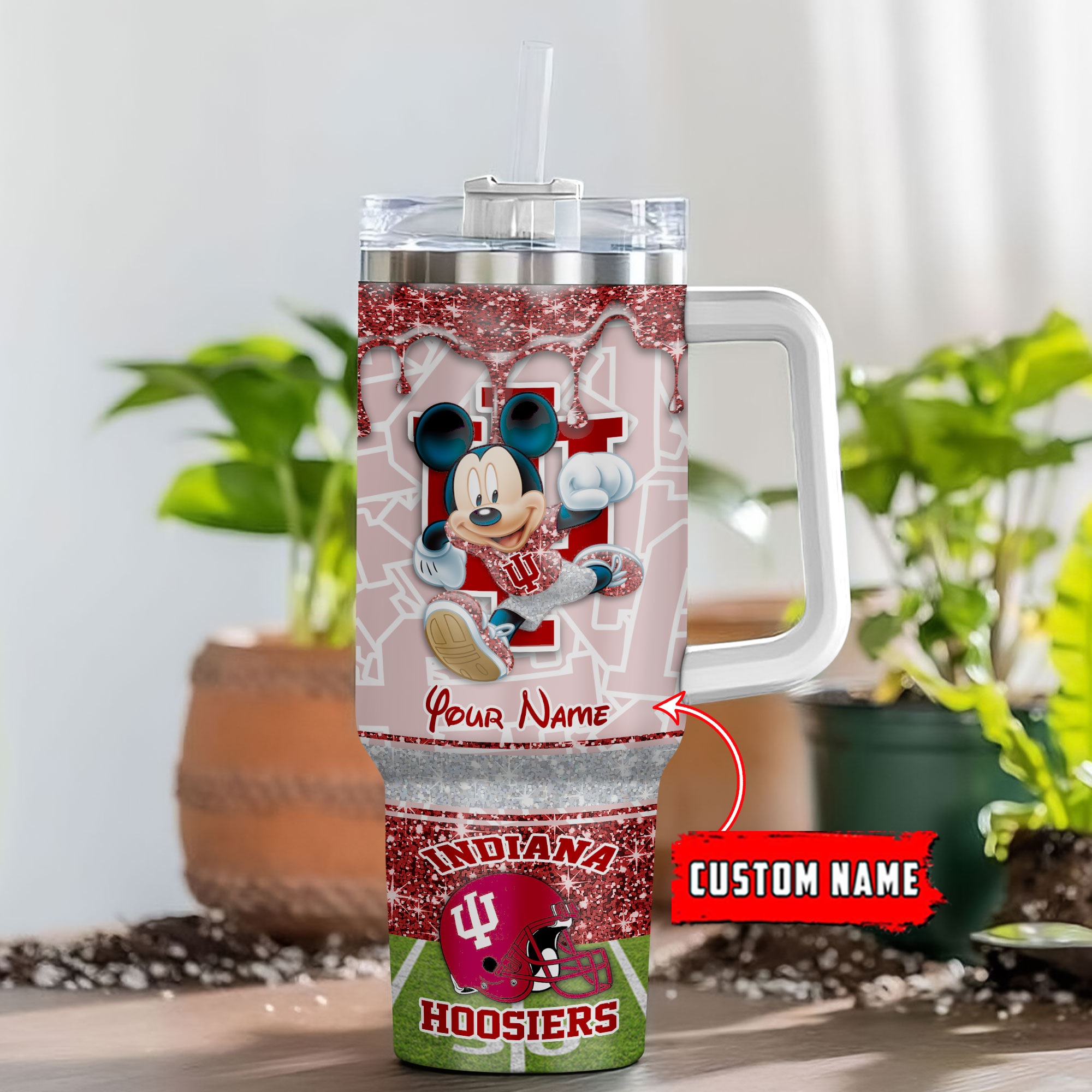 Indiana Hoosiers NCAA Mickey Mouse Glitter Stanley Tumbler With Handle Personalized Name St7454