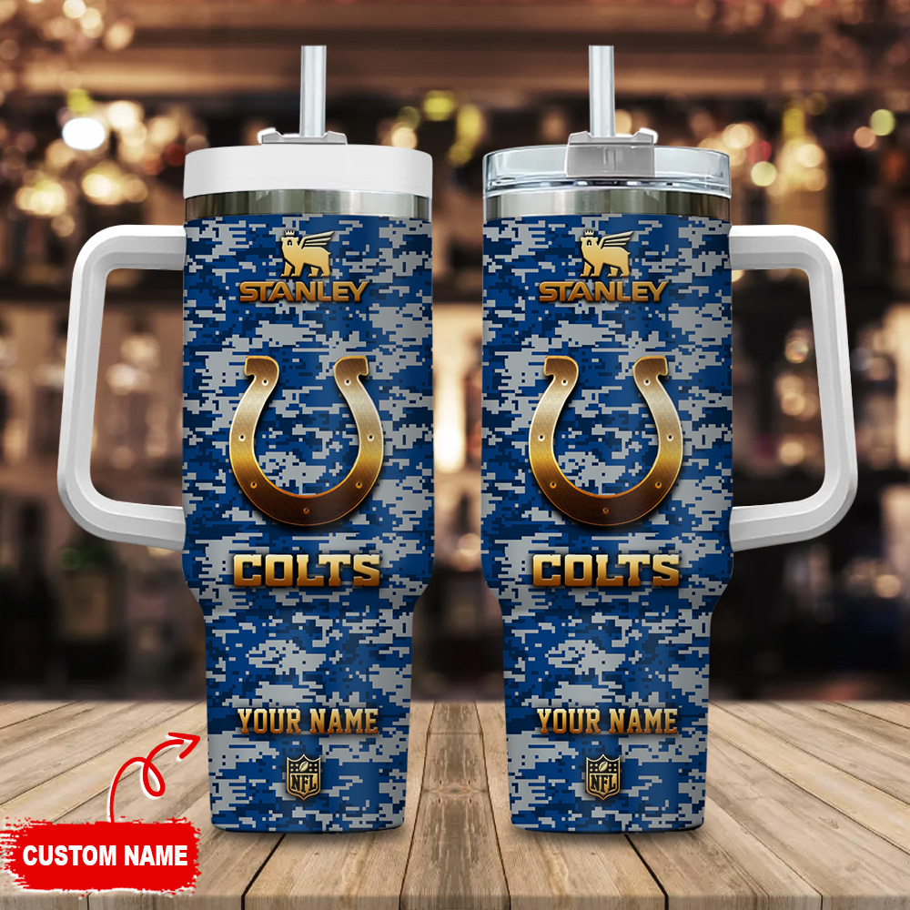 Indianapolis Colts NFL Camouflage Golden Logo Stanley Tumbler With Handle Personalized Name St5921