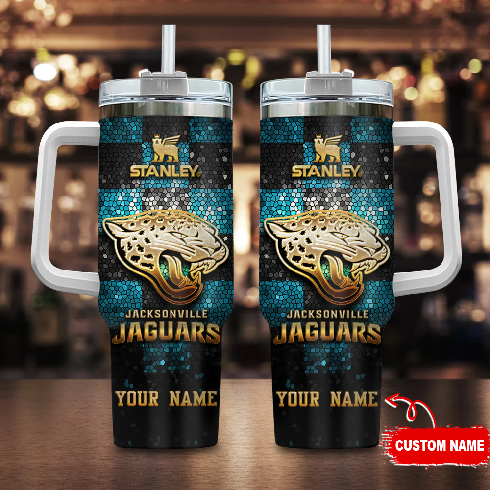 Jacksonville Jaguars NFL Glitter Golden Logo Stanley Tumbler With Handle Personalized Name St9412
