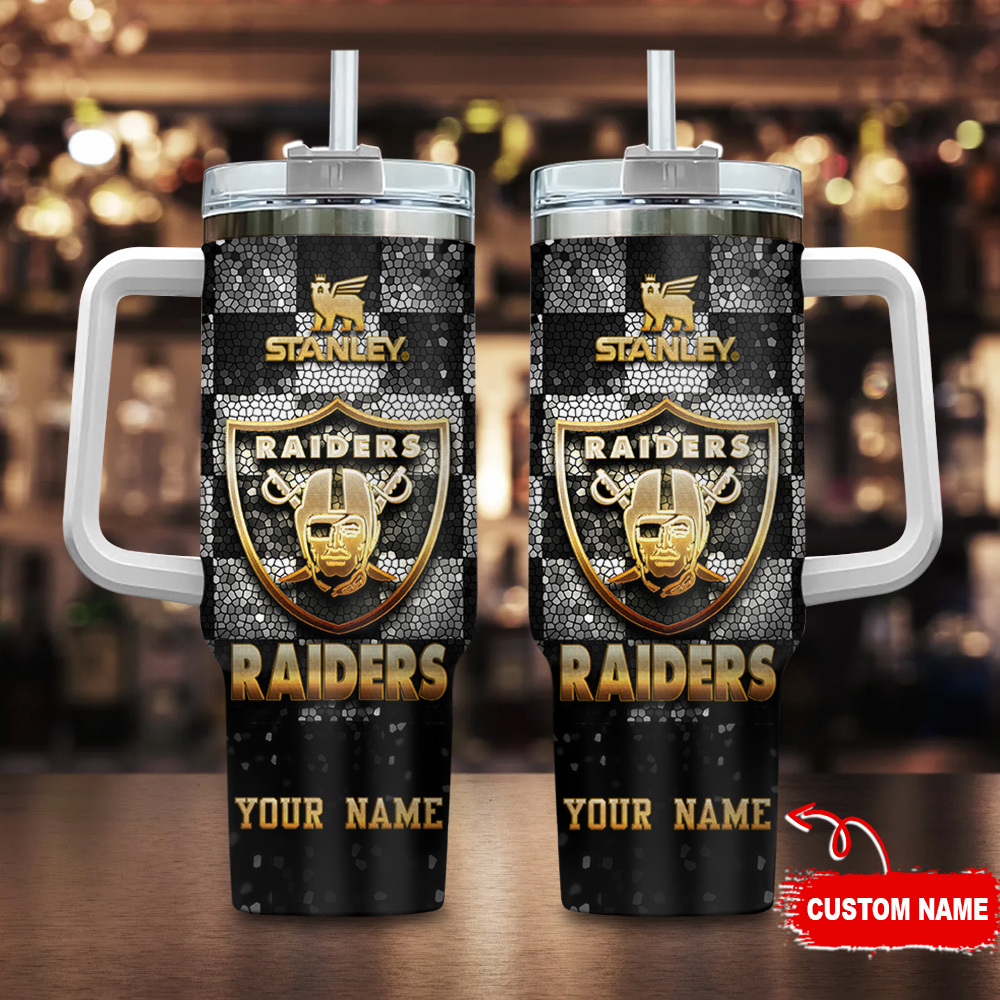 Las Vegas Raiders NFL Glitter Golden Logo Stanley Tumbler With Handle Personalized Name St7941