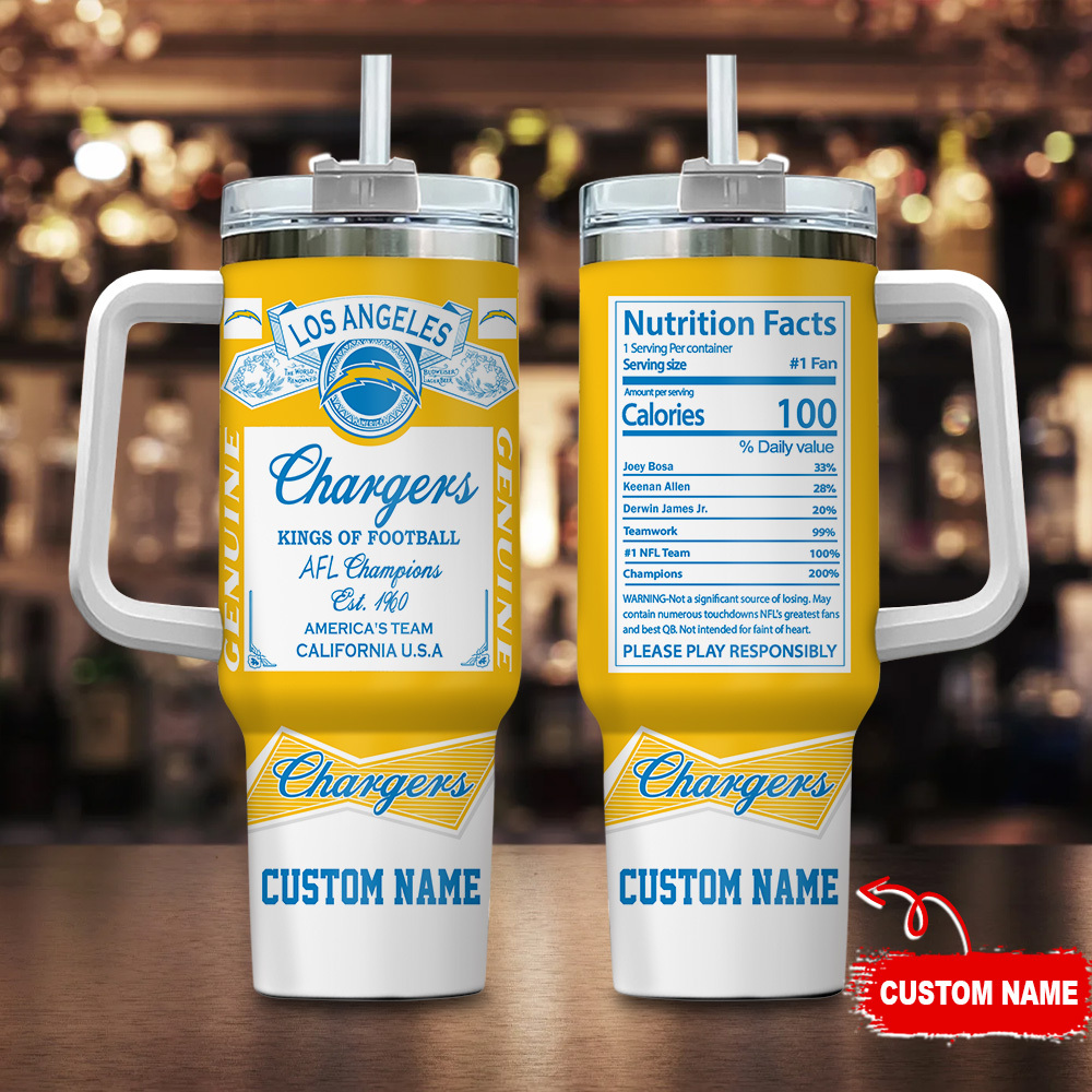 Los Angeles Chargers NFL Nutrition Facts Stanley Tumbler With Handle Personalized Name St4358