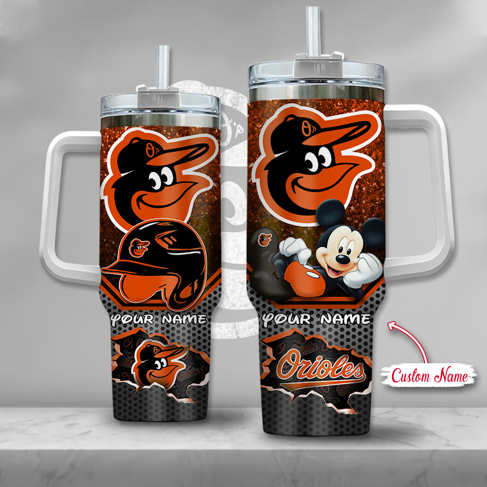 MLB Baltimore Orioles Mickey Mouse Stanley Tumbler With Handle Personalized Name St7910