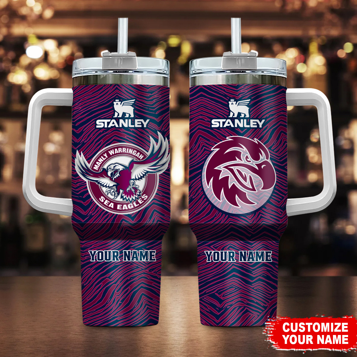Manly Warringah Sea Eagles NRL Zubaz Print Stanley Tumbler With Handle Personalized Name St5374