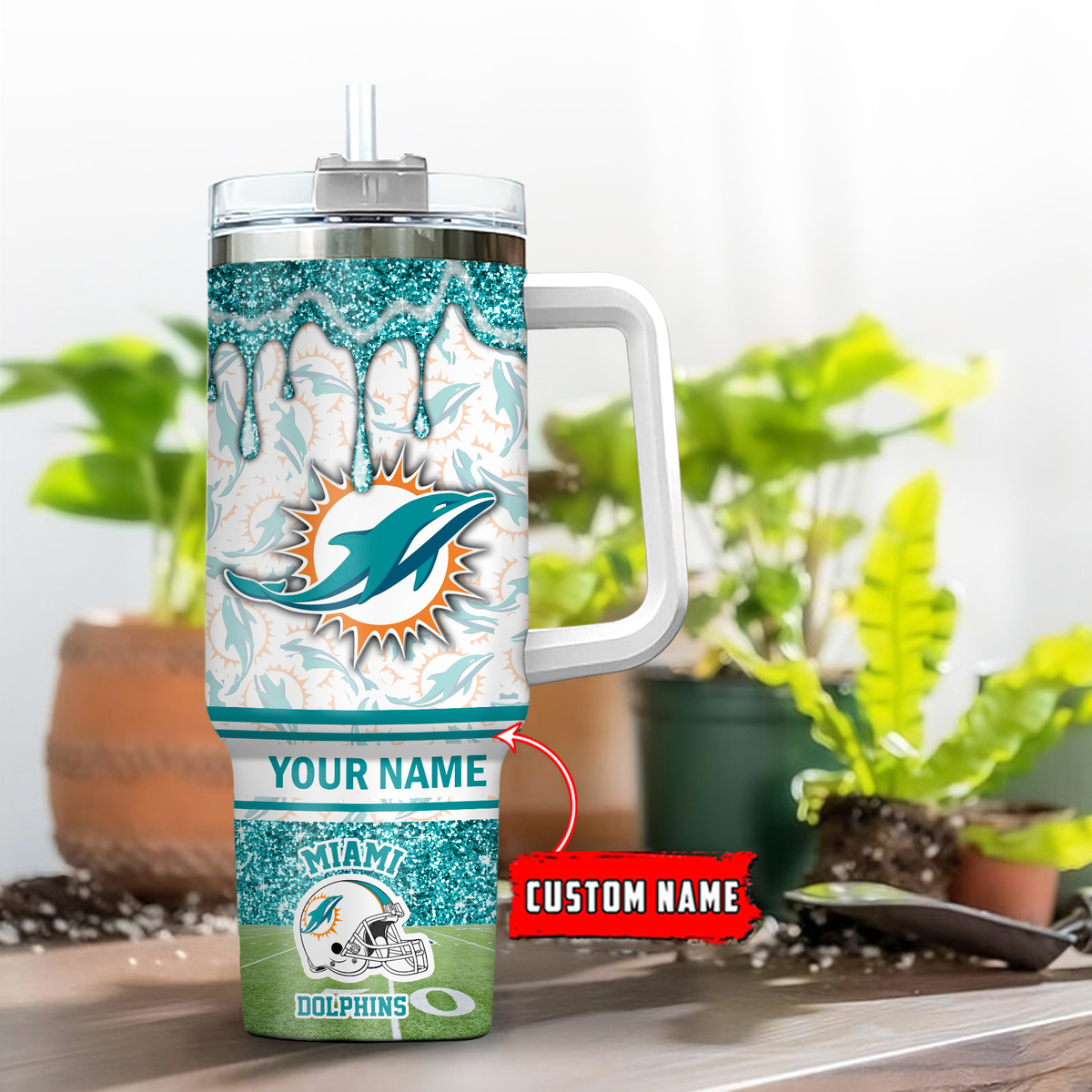 Miami Dolphins NFL Glitter Stanley Tumbler With Handle Personalized Name St2074