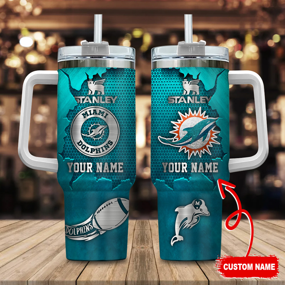 Miami Dolphins NFL Metal Style Stanley Tumbler With Handle Personalized Name St7955