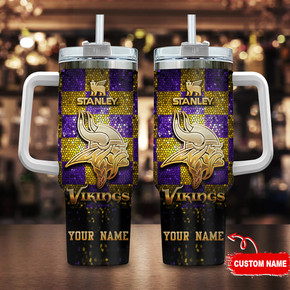 Minnesota Vikings NFL Glitter Golden Logo Stanley Tumbler With Handle Personalized Name St8833