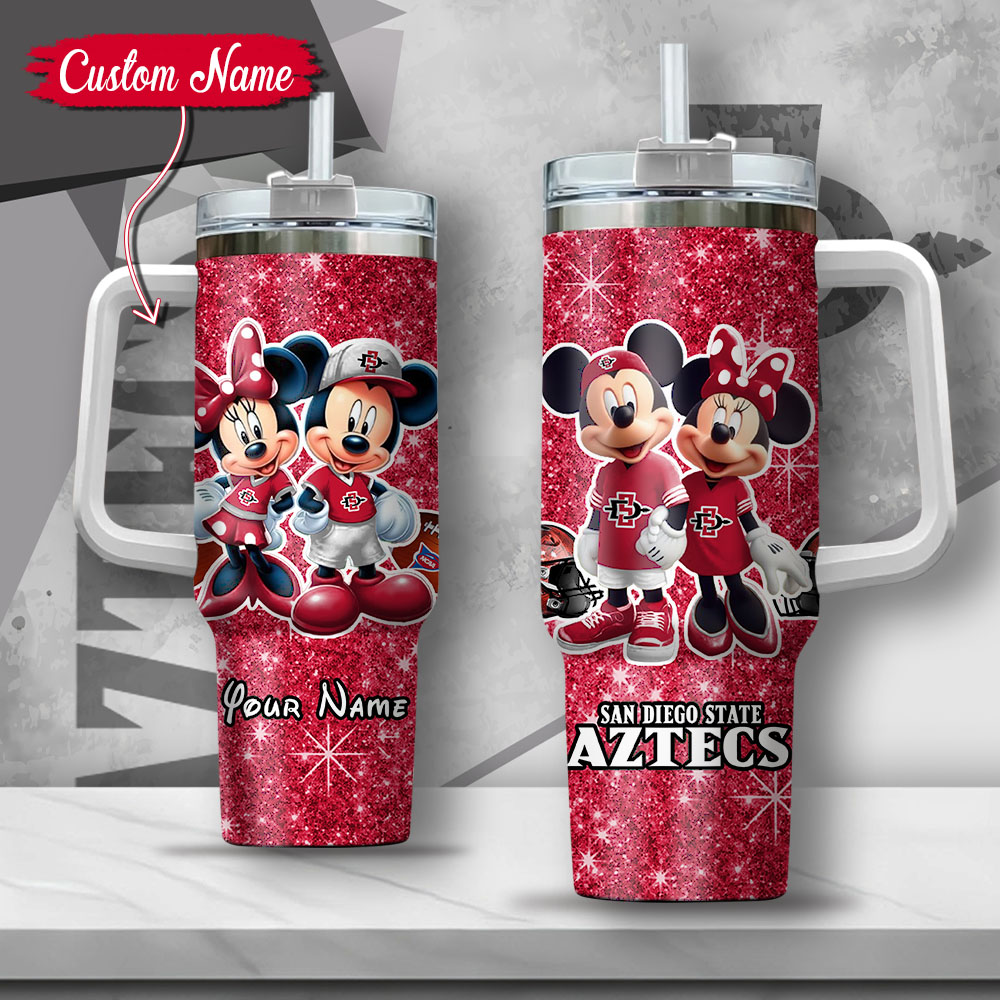 NCAA San Diego State Aztecs Mickey And Minnie Couple Stanley Tumbler With Handle Personalized Name St6541