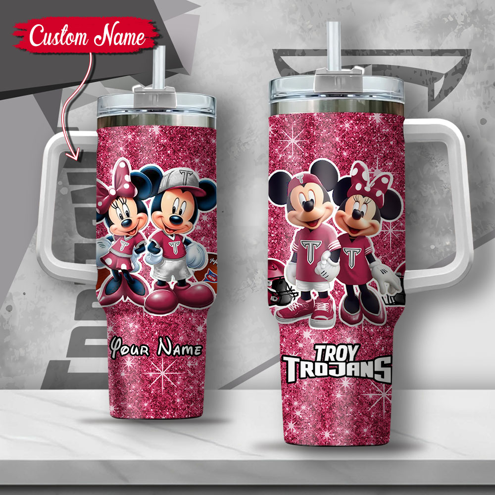 NCAA Troy Trojans Mickey And Minnie Couple Stanley Tumbler With Handle Personalized Name St1581