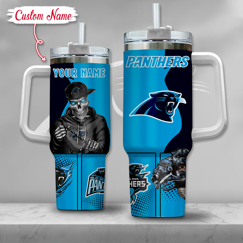 NFL Carolina Panthers Gangster Skeleton Stanley Tumbler With Handle Personalized Name St6749