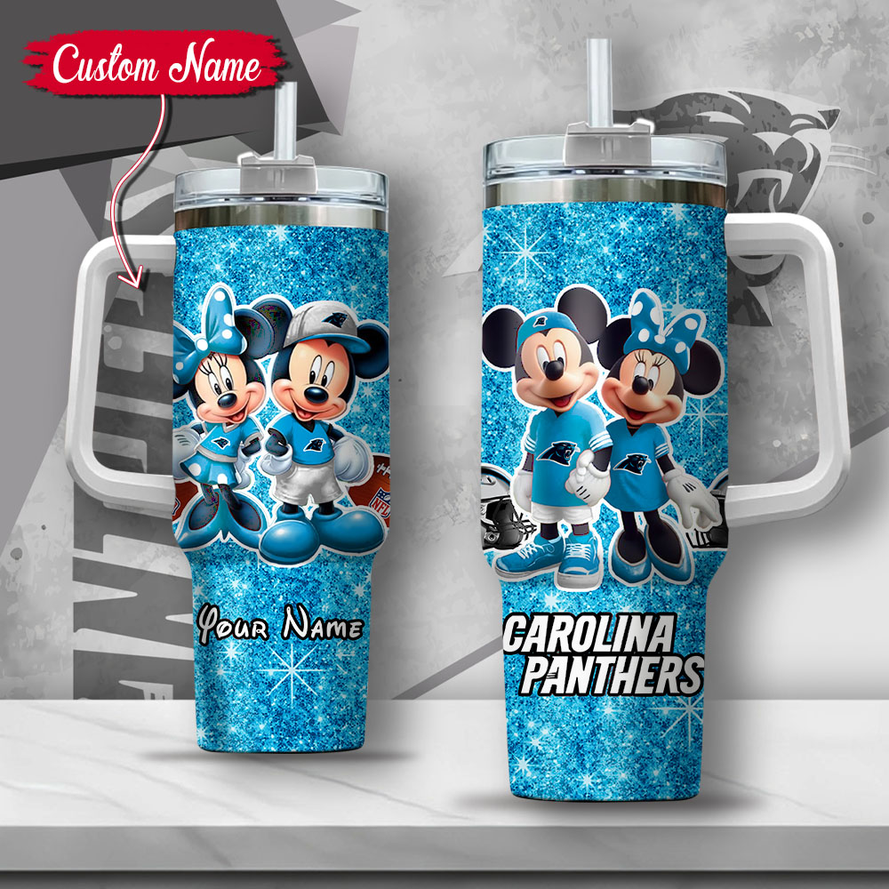 NFL Carolina Panthers Mickey And Minnie Couple Stanley Tumbler With Handle Personalized Name St5396