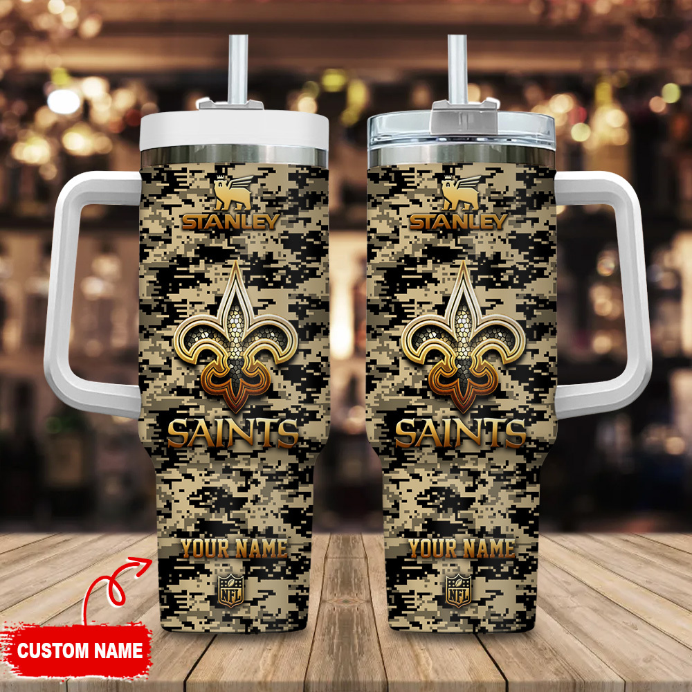 New Orleans Saints NFL Camouflage Golden Logo Stanley Tumbler With Handle Personalized Name St7659