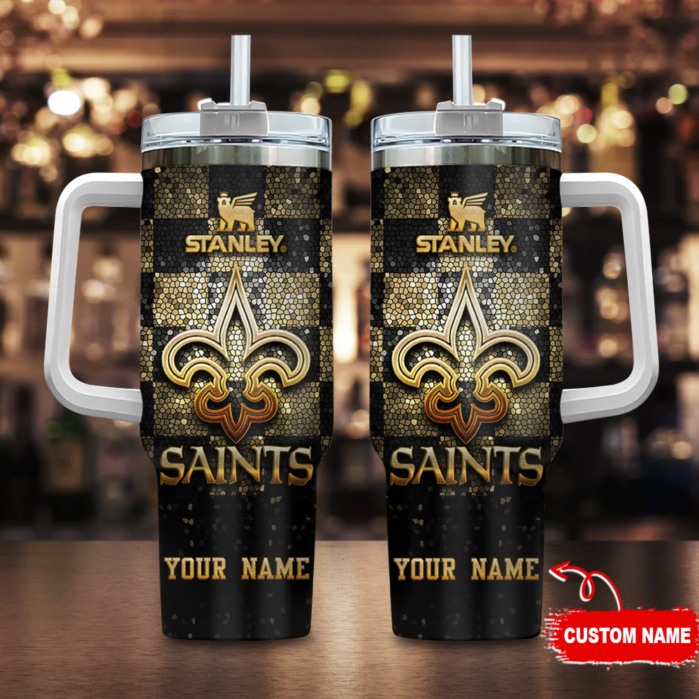 New Orleans Saints NFL Glitter Golden Logo Stanley Tumbler With Handle Personalized Name St4566