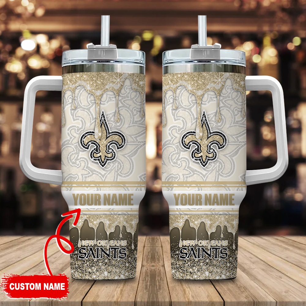New Orleans Saints NFL Glitter Stanley Tumbler With Handle Personalized Name St6593