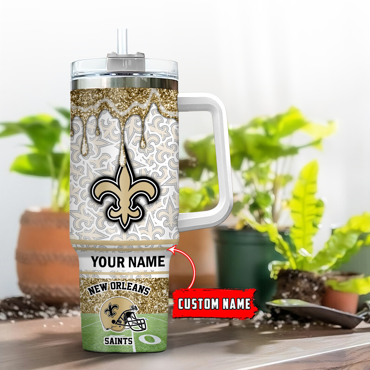 New Orleans Saints NFL Glitter Stanley Tumbler With Handle Personalized Name St9696