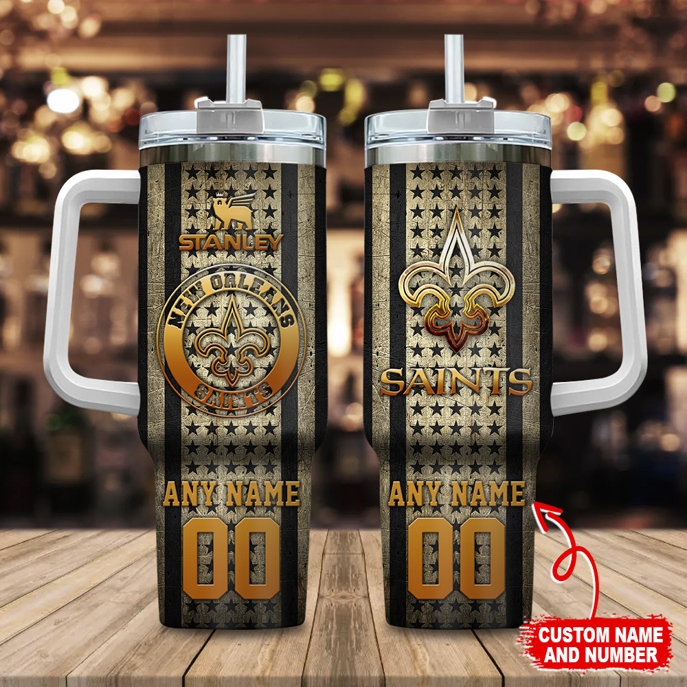 New Orleans Saints NFL Golden Logos US Flag Stanley Tumbler With Handle Personalized Name St4300