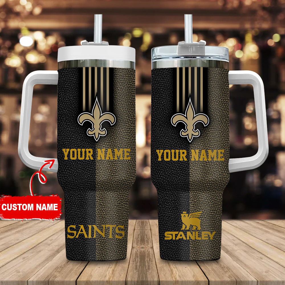 New Orleans Saints NFL Leather Effect Stanley Tumbler With Handle Personalized Name St4867