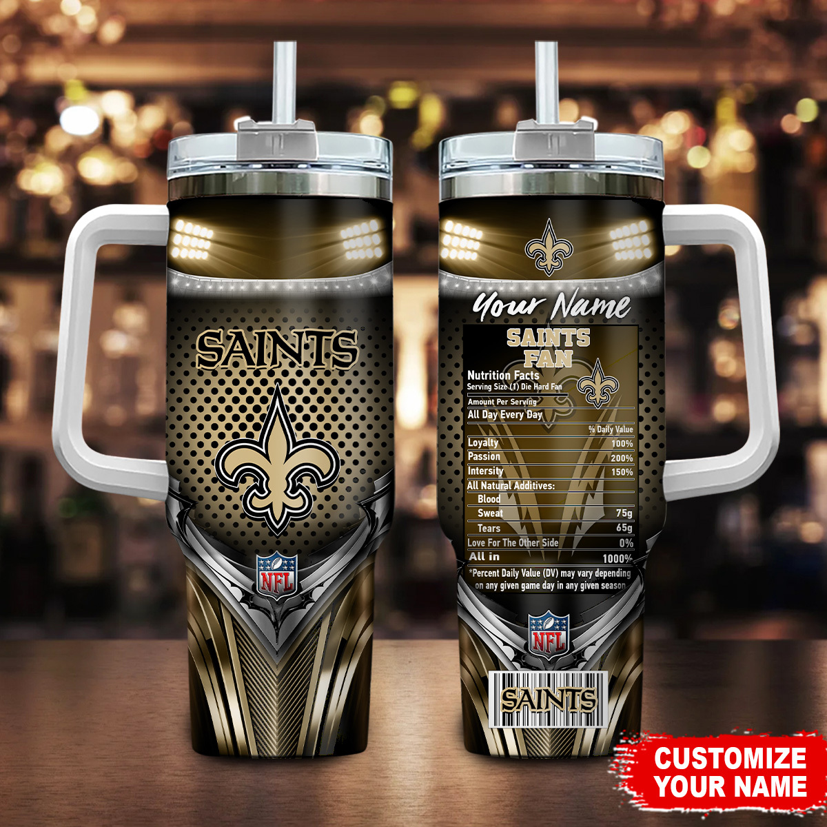 New Orleans Saints NFL Nutrition Facts Stanley Tumbler With Handle Personalized Name St5381