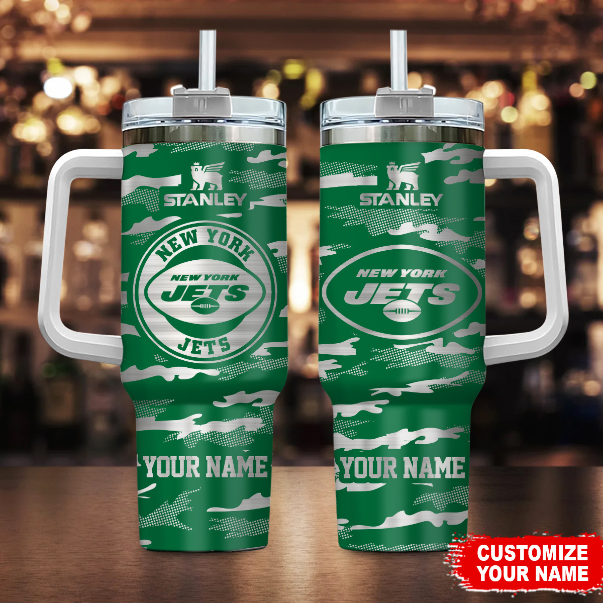 New York Jets NFL Camo Pattern Stanley Tumbler With Handle Personalized Name St2794