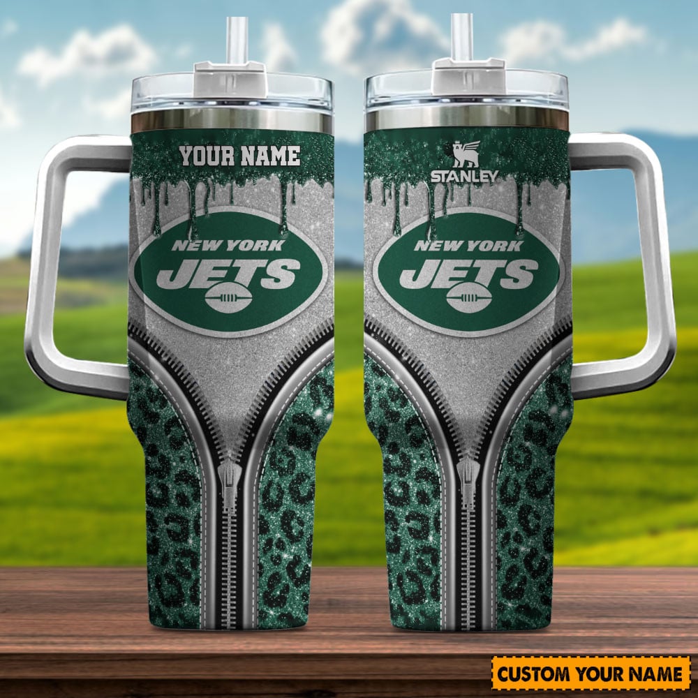New York Jets NFL Glitter Leopard Print Stanley Tumbler With Handle Personalized Name St4736