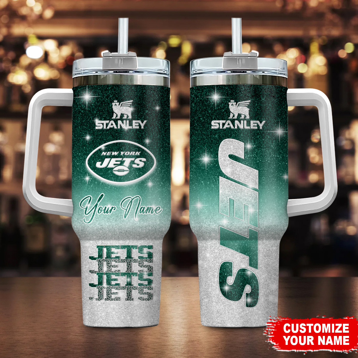 New York Jets NFL Glitter Stanley Tumbler With Handle Personalized Name St4838